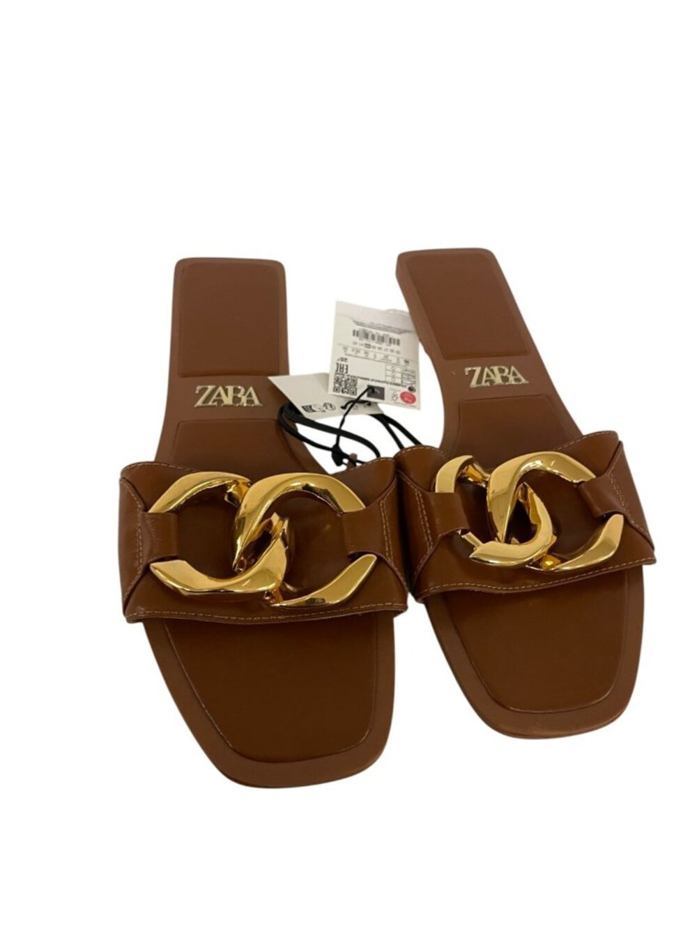 Zara Womens Sandals EU 40 US 9 Cognac Brown Chain Link Slides Flats 2604/110 NWT